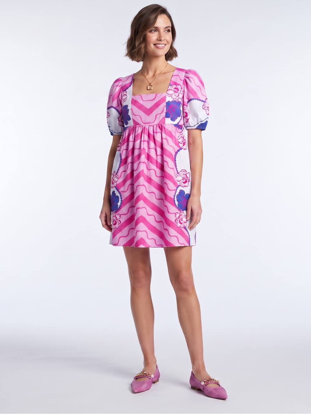 Celina Moon Pink Chevron Floral Border Mini Dress Puff Sleeve Square Neck S NWT